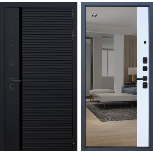 Дверь входная Бронекс YODOORS-11, Черная шагрень / Черный муар - Velluto Bianco с зеркалом